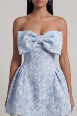 Bowed Blue Floral Strapless Mini Wedding Guest Dress