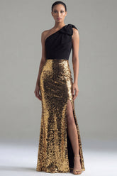 Sequin One Shoulder Bowed Mermaid Black and Gold Formal Dress