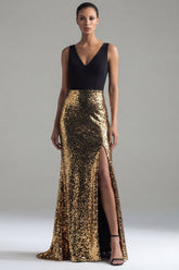 Sparkly Colorblock Mermaid Black and Gold Formal Dress
