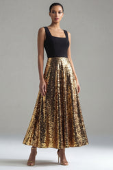 Sparkly A Line Square Neck Black and Gold Evening Dress