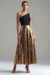 One Shoulder Sequin Colorblock A Line Black and Gold Formal Dress