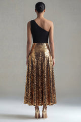 One Shoulder Sequin Colorblock A Line Black and Gold Formal Dress
