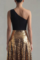 One Shoulder Sequin Colorblock A Line Black and Gold Formal Dress