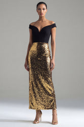 Off the Shoulder Sequin Colorblock Black and Gold Evening Dress