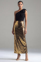 One Shoulder Bowed Sequin Colorblock Black and Gold Formal Dress
