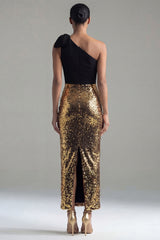 One Shoulder Bowed Sequin Colorblock Black and Gold Formal Dress