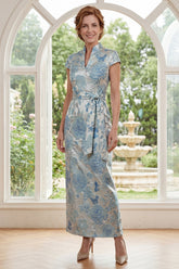Floral Blue Cap Sleeve Mother of the Bride Dress with Sash