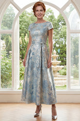 A Line Floral Blue Mother of the Bride Dress with Short Sleeves
