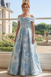 Off the Shoulder A Line Floral Blue Maxi Mother of the Bride Dress