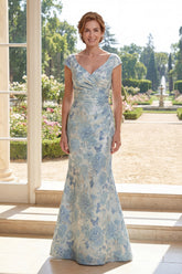 Cap Sleeve Mermaid Floral Blue Ruched Mother of the Bride Dress
