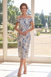 Off the Shoulder Floral Dusty Blue Bodycon Mother of the Bride Dress