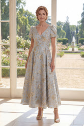 Floral Dusty Blue A Line V Neck Mother of the Bride Dress