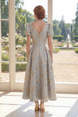 Floral Dusty Blue A Line V Neck Mother of the Bride Dress