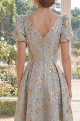 Floral Dusty Blue A Line V Neck Mother of the Bride Dress