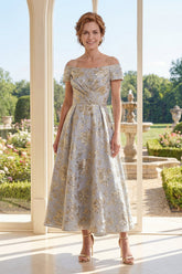 Floral Off the Shoulder Dusty Blue A Line Mother of the Bride Dress