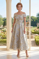 Floral Off the Shoulder Dusty Blue A Line Mother of the Bride Dress