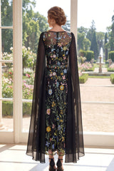 Black Floral A Line Mother of the Bride Dress with Cape Sleeves