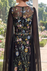 Black Floral A Line Mother of the Bride Dress with Cape Sleeves