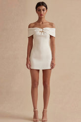 Off the Shoulder Satin Bodycon Mini White Dress