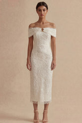 Off the Shoulder Bodycon White Dress with Pearls