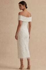 Off the Shoulder Bodycon White Dress with Pearls