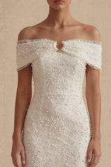 Off the Shoulder Bodycon White Dress with Pearls