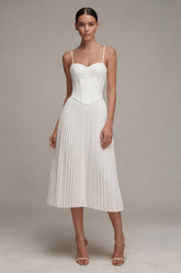 Basque Waist A Line Pleated Midi White Dress