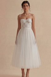A Line Tulle Lace Corset Midi White Dress