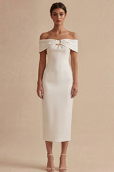 Off the Shoulder Satin Bodycon Midi White Dress