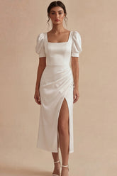 Satin Short Sleeve Ruched White Dress with Slit