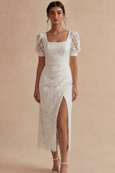 Lace Square Neck Ruched White Dress with Slit