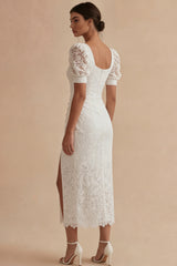 Lace Square Neck Ruched White Dress with Slit