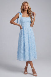 Sky Blue A Line Beaded Bowed Midi Wedding Guest Dress