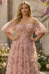Off the Shoulder Plus Size A Line Ivory Red Floral Prom Dress