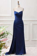Navy Mermaid Ruched Satin Maxi Formal Dress With Slit