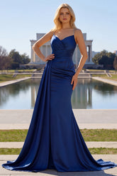 Navy Mermaid Ruched Satin Maxi Formal Dress With Slit