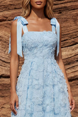 Sky Blue A Line Beaded Bowed Midi Wedding Guest Dress