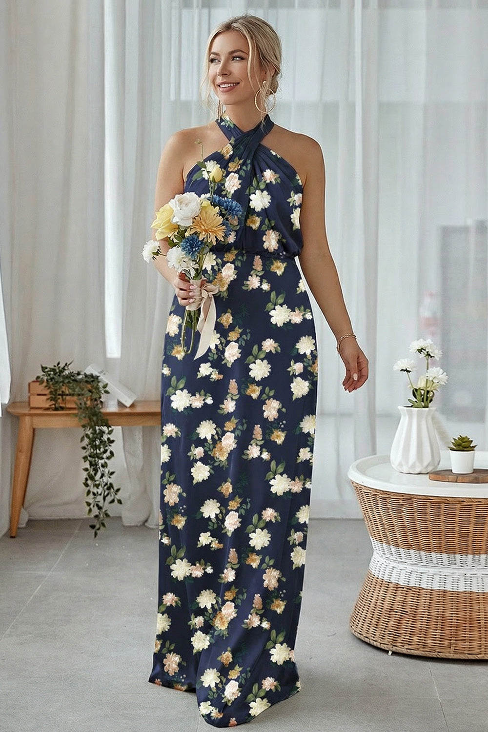 Sage White Floral Halter Plus Size Sheath Bridesmaid Dress