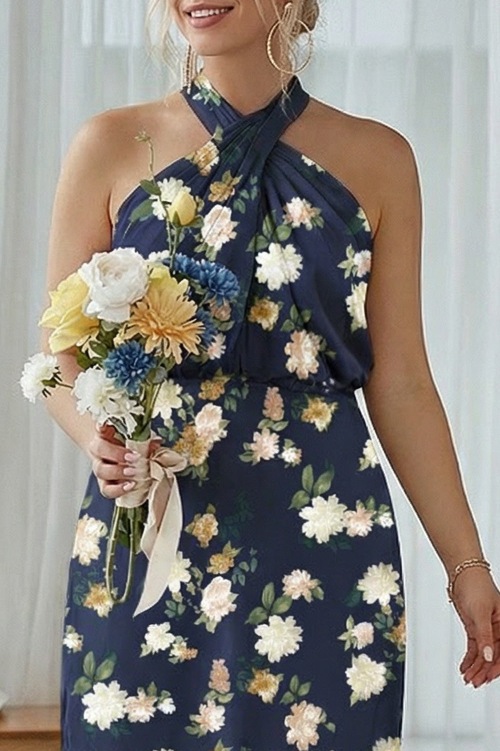Halter Blue White Floral Plus Size Sheath Bridesmaid Dress
