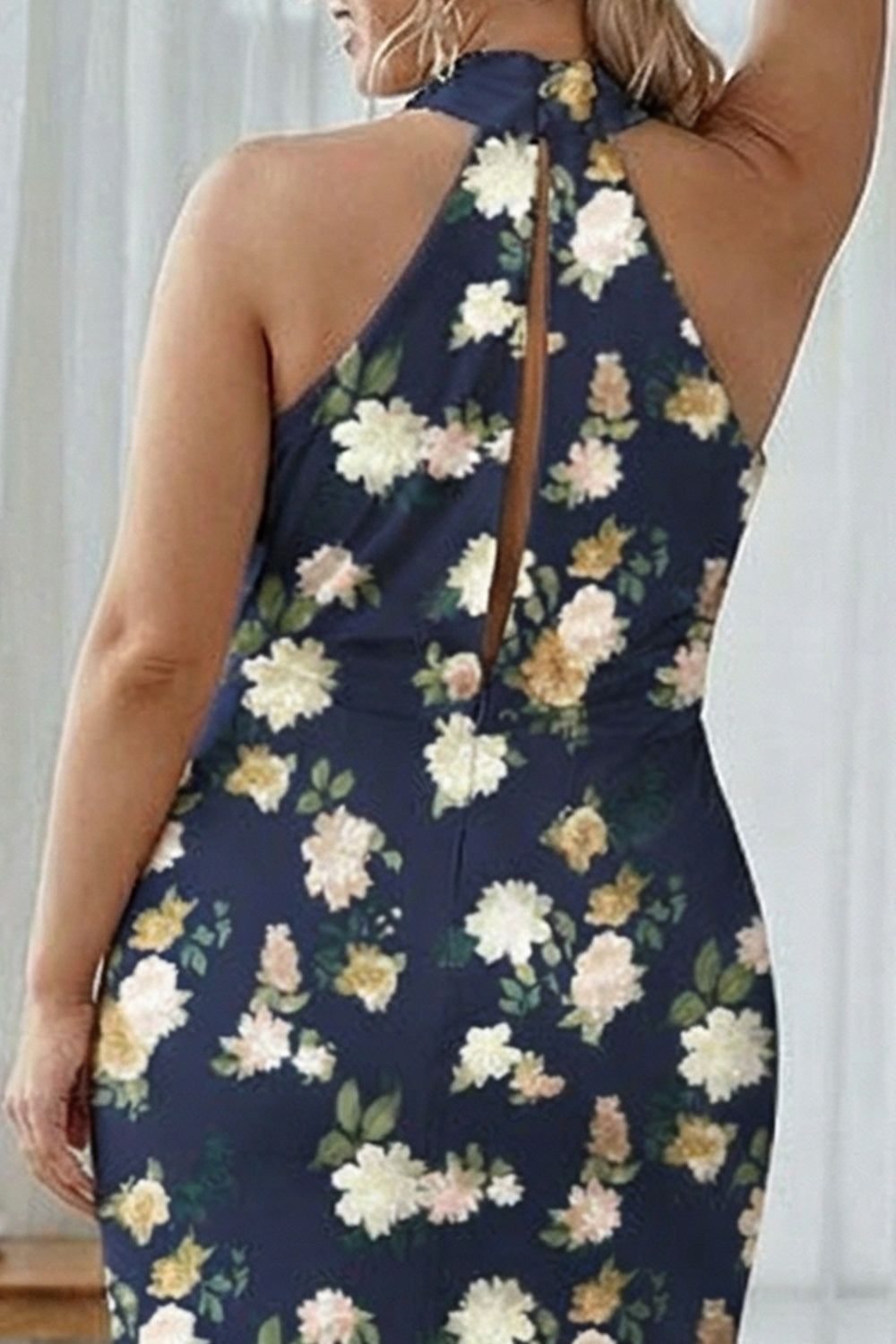 Halter Navy Bloom Sheath Plus Size Bridesmaid Dress