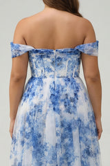 Off the Shoulder Floral White Blue Corset Plus Size Prom Dress