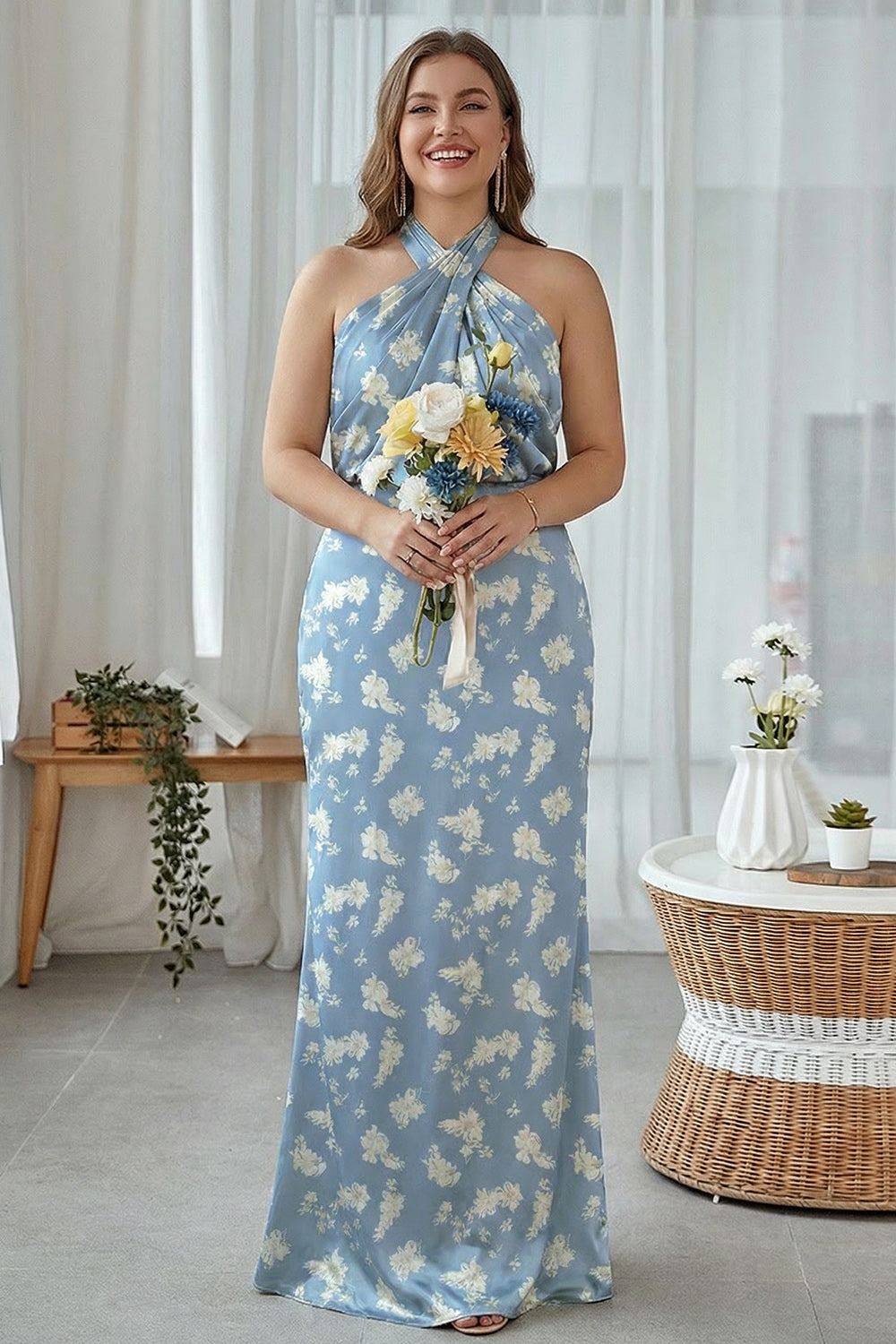 Sage White Floral Halter Plus Size Sheath Bridesmaid Dress