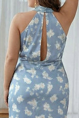 Halter Blue White Floral Plus Size Sheath Bridesmaid Dress