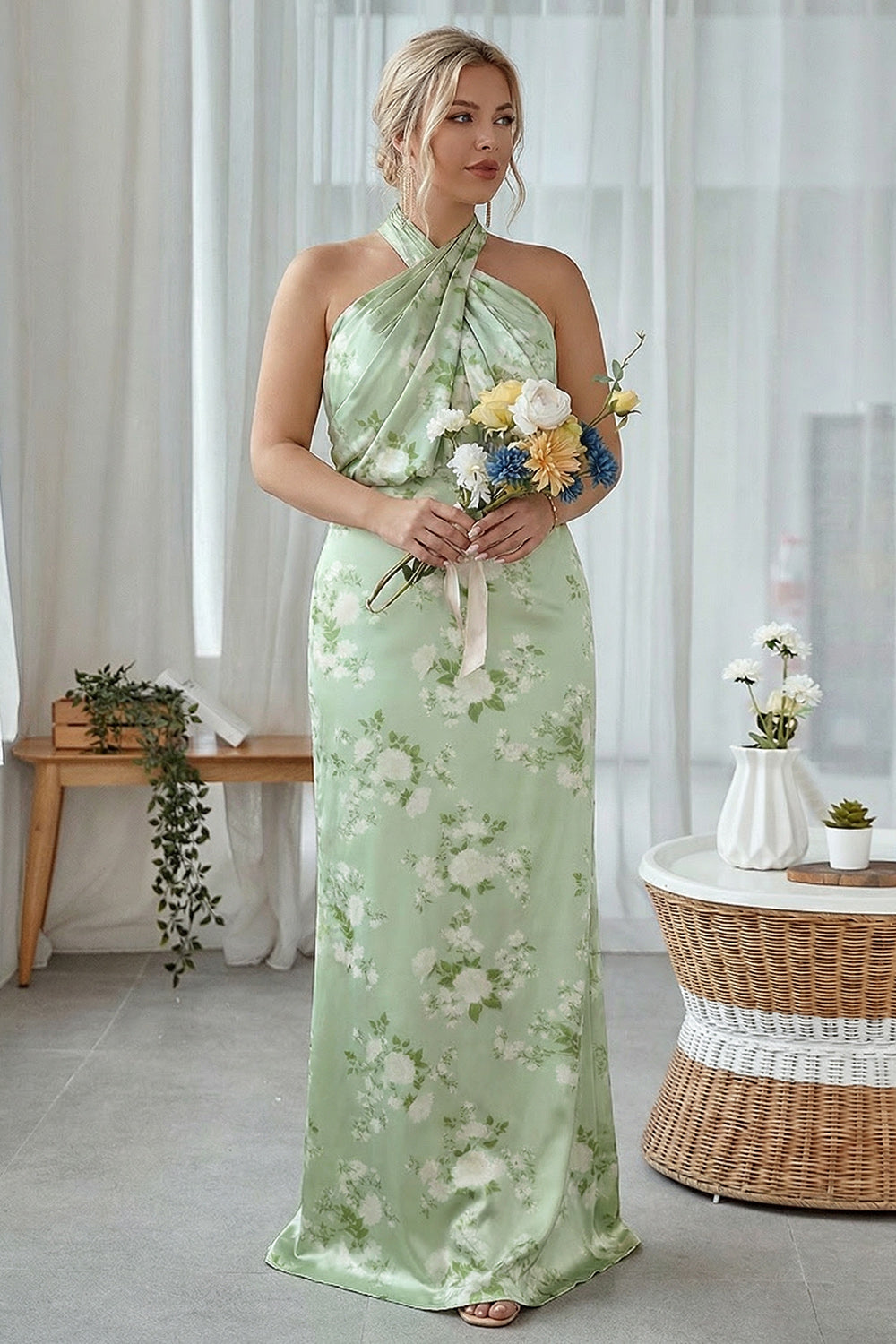 Halter Navy Bloom Sheath Plus Size Bridesmaid Dress
