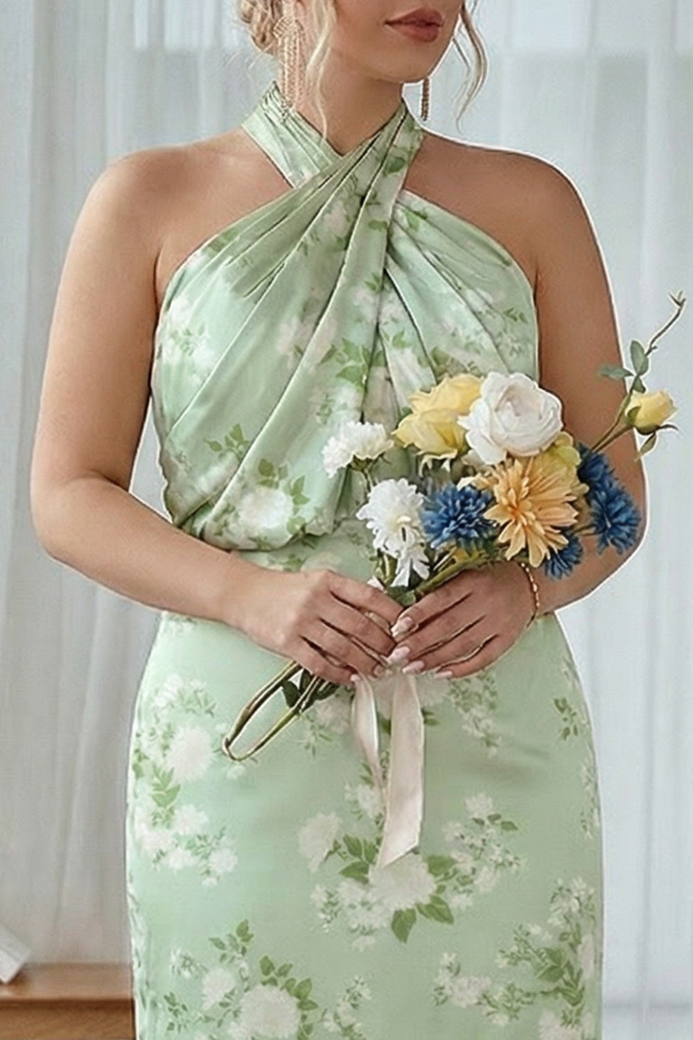 Halter Navy Bloom Sheath Plus Size Bridesmaid Dress