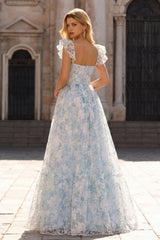 A Line Light Blue Floral Maxi Prom Dress