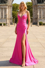 Fuchsia Ruched Corset Mermaid Satin Prom Dress