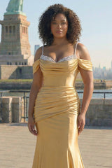 Golden Cold Shoulder Mermaid Satin Plus Size Prom Dress