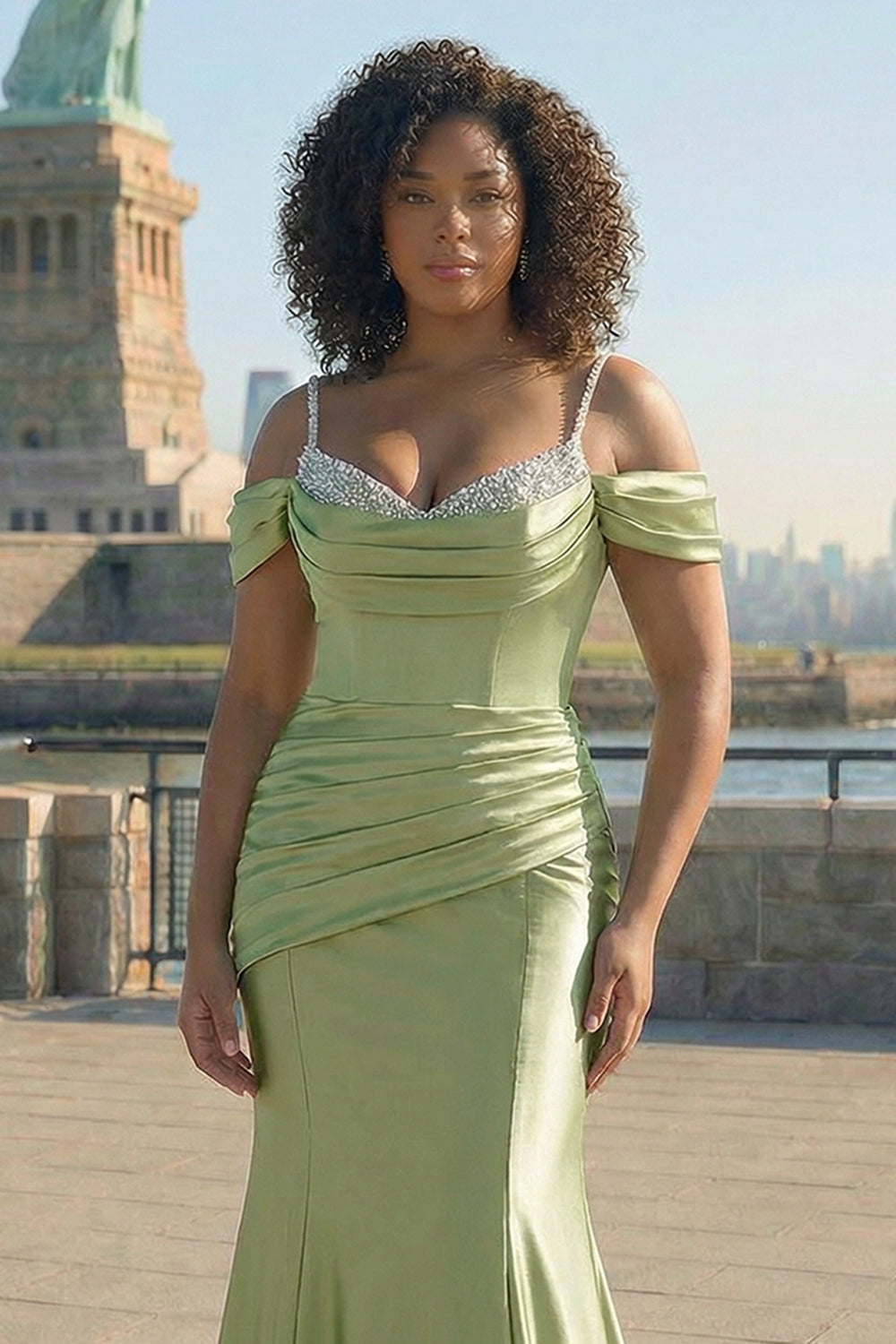 Golden Cold Shoulder Mermaid Satin Plus Size Prom Dress