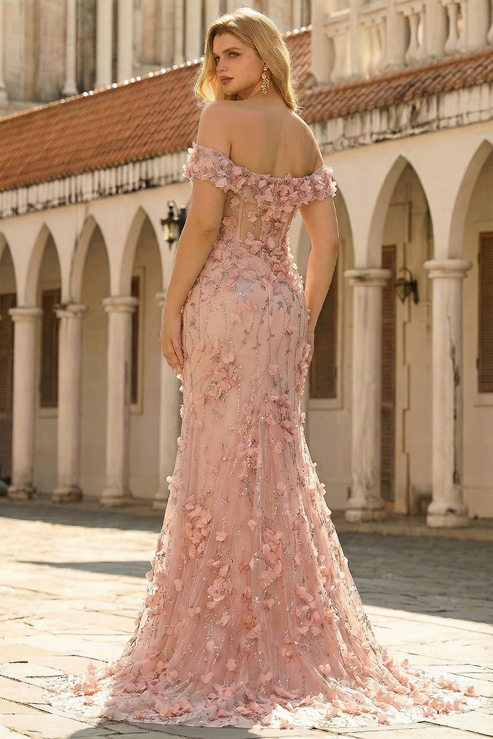 Blush Plus Size Off the Shoulder Mermaid Appliqued Prom Dress